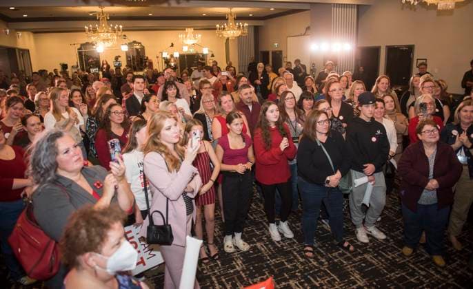 October 21, 2024, Fredericton, Nb, Canada: Supporters listen to New Brunswick Liberal Leader and premier-elect Susan Holt, in Fredericton, Monday, Oct. 21, 2024. Fredericton Canada  - ZUMAc35_ 20241021_zaf_c35_124 Copyright: xStephenxMacgillivrayx