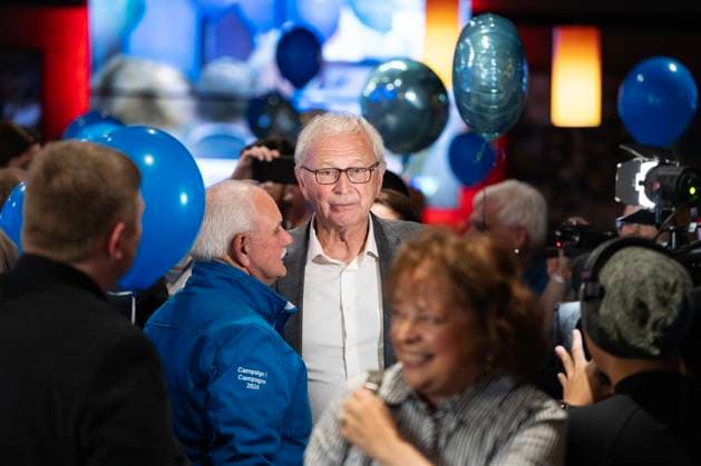 October 21, 2024, Quispamsis, Nb, Canada: New Brunswick Progressive Conservative Party Leader Blaine Higgs is greeted by supporters before delivering a concession speech in Quispamsis, N.B., following the results of the provincial election, Monday, Oct. 21, 2024. Quispamsis Canada  - ZUMAc35_ 20241021_zaf_c35_128 Copyright: xDarrenxCalabresex