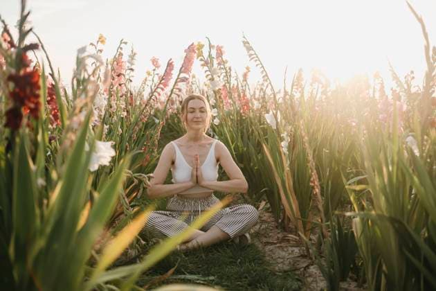 Smiling woman sitting with hands clasped in gladiolus field model released, Symbolfoto, MCHF00262