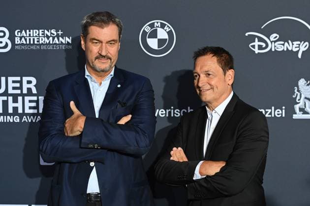 vli Markus SOEDER State Premier of Bavaria and CSU Chairman with Dieter NUHR Red Carpet,Blue Panther TV and Streaming Award 2024 on 23 10 2024 at BMW Welt Munich