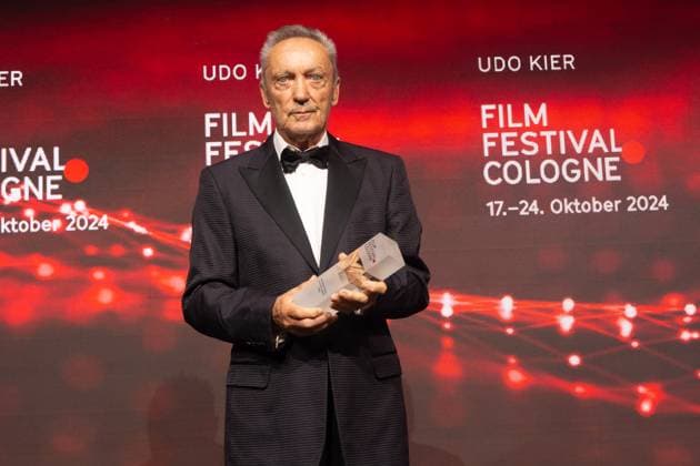 Entertainment Themen der Woche KW43 Entertainment Bilder des Tages Cologne Film Festival Red Carpet And Closing Award Ceremony 2024 Udo Kier, a German actor, receives the international actors award during the closing award ceremony of the Cologne Film Festival 2024 at E-Werk in Cologne, Germany, on October 24, 2024. cologne Germany  Copyright: xYingxTangx originalFilename: tang-notitle241024_npnZF.jpg