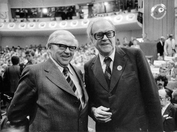 Stockholm 1978-09-23 Gunnar Sträng och Tage Erlander pa Socialdemokraternas kongress Stockholm Sverige x12014x  Copyright: xRagnhildxHaarstad SvD TTx STRÄNG-ERLANDER
