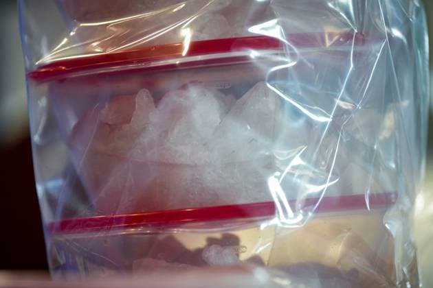 October 31, 2024, Surrey, Bc, CANADA: Crystal meth that was seized last week is displayed before a news conference at RCMP headquarters, in Surrey, B.C., on Thursday, October 31, 2024. The RCMP says they have dismantled the largest and most sophisticated fentanyl and methamphetamine drug superlab in Canada, after an operation was conducted in Falkland, B.C., and Surrey beginning last Friday. Surrey CANADA - ZUMAc35_ 20241031_zaf_c35_103 Copyright: xDarrylxDyckx