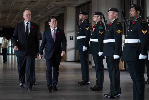 November 1, 2024, Ottawa, On, Canada: National Defence Minister Bill Blair walks with Republic of Korea Minister of National Defence Kim Yong-hyun as he inspects an honour guard at National Defence headquarters, Friday, Nov.1, 2024 in Ottawa. Ottawa Canada  - ZUMAc35_ 20241101_zaf_c35_002 Copyright: xAdrianxWyldx