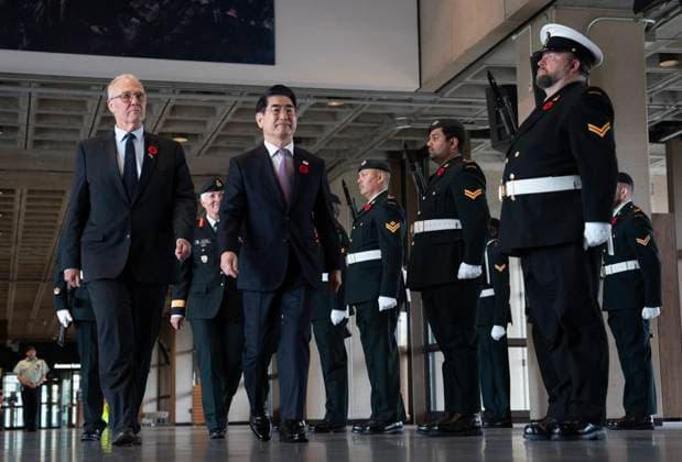 November 1, 2024, Ottawa, On, Canada: National Defence Minister Bill Blair walks with Republic of Korea Minister of National Defence Kim Yong-hyun as he inspects an honour guard at National Defence headquarters, Friday, Nov.1, 2024 in Ottawa. Ottawa Canada  - ZUMAc35_ 20241101_zaf_c35_004 Copyright: xAdrianxWyldx