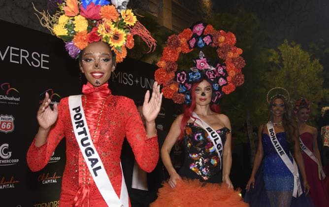 November 1, 2024, Mexico City, Meico City, Mexico: ANDREA CORREIA Miss Portugal..Some Miss Universe participants dressed as catrinas this Friday, in their first appearance in Mexico City, to support a foundation that helps vulnerable people..The 73rd edition of Miss Universe will be held on November 16 in Mexico and 130 countries are expected to participate in this pageant, a record for the organization. Mexico City Mexico - ZUMAn296 20241101_zip_n296_035 Copyright: xJorgexNunezx