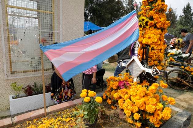 Day Of The Dead In Mexico A view of a trans flag at the Tecomitl community cemetery in Mexico City, Mexico, on November 2, 2024, shows dozens of people decorating the graves of their deceased loved ones with cempasuchil flowers and figures made from mud. According to belief, these decorations will receive their souls tonight during the Day of the Dead festivities on November 2 in Mexico. Mexico City Mexico  Copyright: xGerardoxVieyrax originalFilename: vieyra-notitle241102_npHZJ.jpg