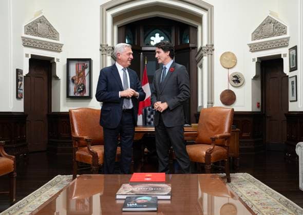 November 4, 2024, Ottawa, On, Canada: Prime Minister Justin Trudeau meets with United Nations High Commissioner for Refugees, Filippo Grandi in his office on Parliament Hill, Monday, November 4, 2024 in Ottawa. Ottawa Canada  - ZUMAc35_ 20241104_zaf_c35_059 Copyright: xAdrianxWyldx