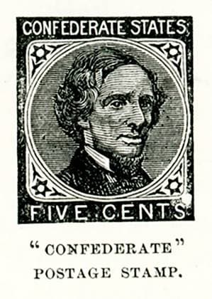 RECORD DATE NOT STATED Confederate Postage Stamp The first Confederate postage issues were placed in circulation in October 1861, five months after postal service between the North and South had ended. Jefferson Davis is depicted on the first issue of 1861. The appearance of a living person on a postage stamp marked a break from the tradition adhered to by the US Post Office, that a person may be depicted on US postage or currency only after death. Jefferson Davis served as the president of the Confederacy from 1861 to 1865. Copyright: Â¬Â¨Â¬Â®Â¬Â¨Â¬ xIvyxClosexImages 1067_05_ivy80_263