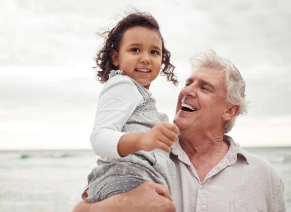 Creative Highlights Symbolfotos Beach, happy and elderly man with his grandchild on a family vacation during spring time. Travel, happiness and retired grandfather holding a girl child in nature by the sea while on holiday model released property released Copyright: xwww.peopleimages.comx