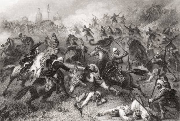 Havelocks column attacking mutineers before Cawnpore, Uttar Pradesh, India, Asia, 1857 Copyright: xKenxGraham DinodiaxPhotox