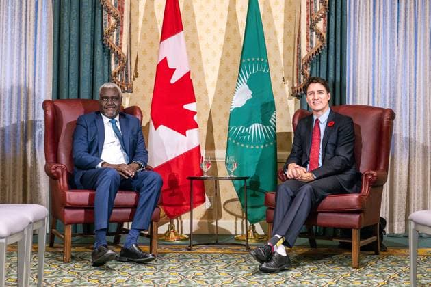 November 7, 2024, Toronto, On, CANADA: Prime Minister Justin Trudeau takes part in a bilateral meeting with H.E. Moussa Faki Mahamat, Chairperson of the African Union, at the Fairmont Royal York Hotel, Toronto, Thursday, Nov. 7, 2024. Toronto CANADA - ZUMAc35_ 20241107_zaf_c35_058 Copyright: xEduardoxLimax