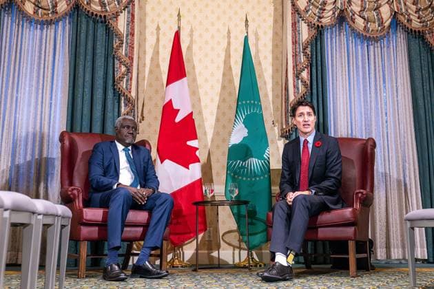 November 7, 2024, Toronto, On, CANADA: Prime Minister Justin Trudeau takes part in a bilateral meeting with H.E. Moussa Faki Mahamat, Chairperson of the African Union, at the Fairmont Royal York Hotel, Toronto, Thursday, Nov. 7, 2024. Toronto CANADA - ZUMAc35_ 20241107_zaf_c35_061 Copyright: xEduardoxLimax