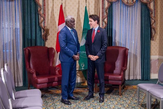 November 7, 2024, Toronto, On, CANADA: Prime Minister Justin Trudeau speaks with H.E. Moussa Faki Mahamat, Chairperson of the African Union, during a bilateral meeting at the Fairmont Royal York Hotel, Toronto, Thursday, Nov. 7, 2024. Toronto CANADA - ZUMAc35_ 20241107_zaf_c35_065 Copyright: xEduardoxLimax