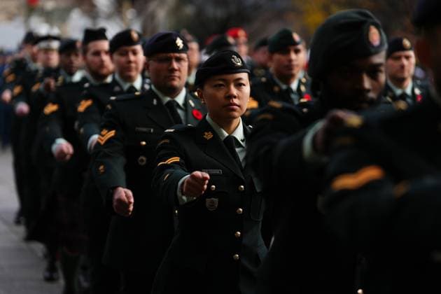November 11, 2024, Ottawa, On, CAN: Canadian Armed Forces members arrive at a Remembrance Day ceremony at the National War Memorial in Ottawa on Monday, Nov. 11, 2024. Ottawa CAN  - ZUMAc35_ 20241111_zaf_c35_003 Copyright: xSeanxKilpatrickx