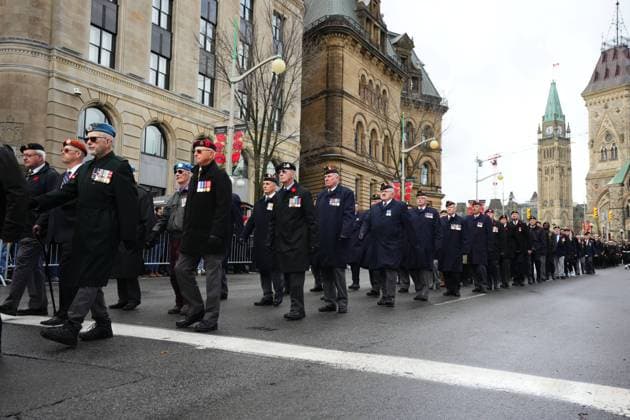 November 11, 2024, Ottawa, On, CAN: Canadian war veterans march in a parade to a Remembrance Day ceremony at the National War Memorial in Ottawa on Monday, Nov. 11, 2024. Ottawa CAN  - ZUMAc35_ 20241111_zaf_c35_006 Copyright: xSeanxKilpatrickx