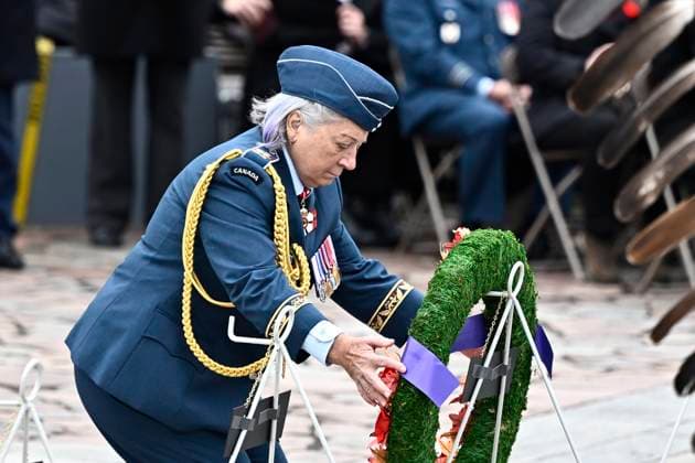 November 11, 2024, Ottawa, On, CAN: Gov. Gen. Mary Simon places a wreath at a Remembrance Day ceremony at the National War Memorial in Ottawa on Monday, Nov. 11, 2024. Ottawa CAN  - ZUMAc35_ 20241111_zaf_c35_026 Copyright: xJustinxTangx