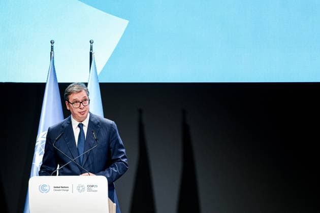 November 12, 2024, Baku, Azerbaijan, Azerbaijan: ALEKSANDAR VUCIC, President of Serbia, speaks at The World Leaders Climate Action Summit of COP29...The COP is the largest gathering of High Level officials in the world that focuses on climate change. This year is labeled as Finance COP in which financial resolutions are at the top of the list of a lengthy agenda of listed concerns. Baku Azerbaijan - ZUMAo116 20241112_znp_o116_096 Copyright: xBiancaxOterox
