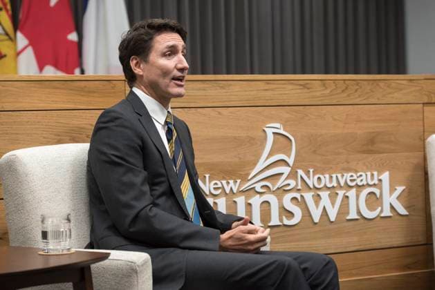 November 12, 2024, Fredericton, New Brunswick, Canada: Prime Minister Justin Trudeau answers media questions as part of a meeting with New Brunswick Premier Susan Holt, not shown, in Fredericton, Tuesday, Nov. 12, 2024. Fredericton Canada  - ZUMAc35_ 20241112_zaf_c35_075 Copyright: xStephenxMacgillivrayx