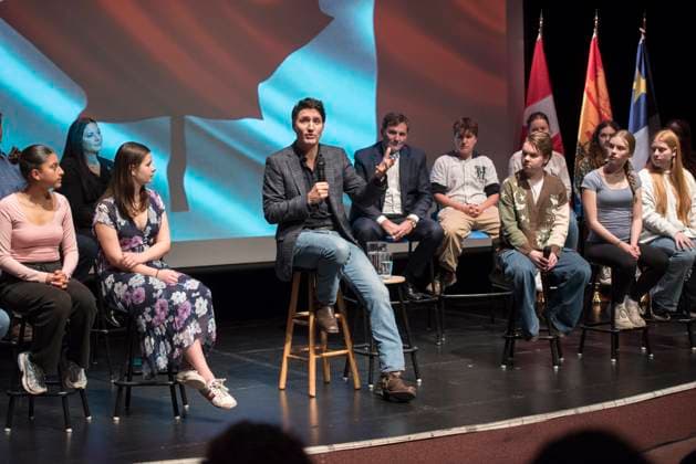 November 12, 2024, Fredericton, Nb, Canada: Prime Minister Justin Trudeau speaks at a townhall meeting with students from Ecole Sainte-Anne in Fredericton, Tuesday, Nov. 12, 2024. Fredericton Canada  - ZUMAc35_ 20241112_zaf_c35_109 Copyright: xStephenxMacgillivrayx