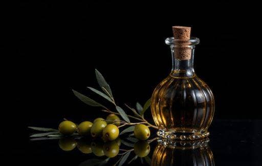 Elegant glass bottle of olive oil with fresh olives and leaves on a reflective surface against a black background. 27085462 RECORD DATE NOT STATED