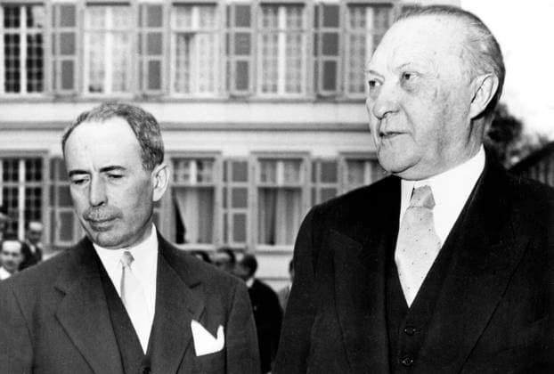 French minister of Foreign Affairs Antoine Pinay with German chancellor Konrad Adenauer at Schaumburg palace in Germany during French-danish agreements May 02, 1955 XRH1703617 French minister of Foreign Affairs Antoine Pinay with German chancellor Konrad Adenauer at Schaumburg palace in Germany during French-danish agreements May 02, 1955 by Unknown photographer, (20th century); (add.info.: french minister of Foreign Affairs Antoine Pinay with german chancellor Konrad Adenauer at Schaumburg palace in Germany during french-danish agreements may 02, 1955). Copyright: xBridgemanxImagesx 1703617