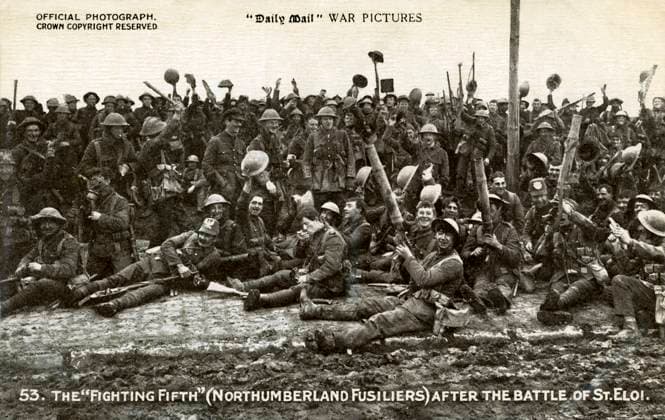 WW1: The Fighting Fifth ( Northumberland Fusiliers ) XLF3787051 WW1: The Fighting Fifth ( Northumberland Fusiliers ); (add.info.: WW1: The Fighting Fifth ( Northumberland Fusiliers ) after the Battle of St Eloi, 14-15 March 1915. Official War Photograph published on postcard. Series 7. No. 53. Caption on reverse: Assisted by the Royal Fusiliers) took with splendid dash and the first and second link trenches at St. Eloi .); Lebrecht History. Copyright: xLebrechtxHistoryx xBridgemanxImagesx 3787051