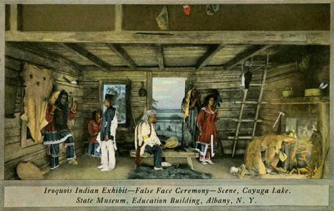 Iroquois Indian Exhibit, State Museum, Albany XLF3788764 Iroquois Indian Exhibit, State Museum, Albany by Russell, Charles Marion (1865-1926); (add.info.: Iroquois Indian Exhibit, State Museum, Albany. The photograph depicts an exhibit in the State Museum dating to early 20th century. Caption reads False Face Ceremony , a Iroquois medicinal ceremony in which a masked figure, here far left, enters the home and performs healing rites on its occupants and spaces. American postcard.); Lebrecht History. Copyright: xLebrechtxHistoryx xBridgemanxImagesx 3788764