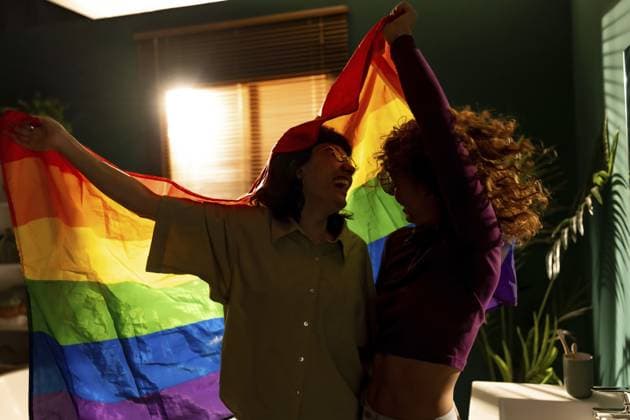 Romantische glückliche lesbische Paar tanzen und winken Regenbogen lgbt Flagge drinnen Romantic happy lesbian couple dancing and waving rainbow lgbt flag indoors Copyright: imageBROKER UnaixHuizi ibxuhu11763997.jpg ,model released, Symbolfoto ,property released