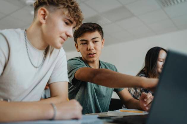 Male students discussing while using laptop in classroom Sweden, Gothenburg, model released, property released Copyright: xMaskotx , MA113366 MA113366