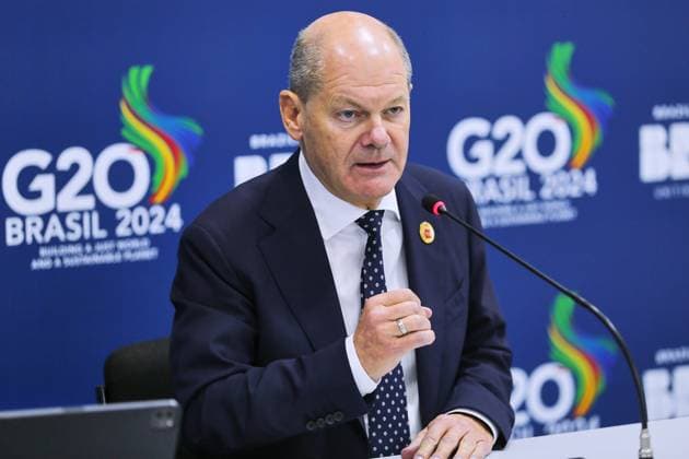 News Themen der Woche KW47 News Bilder des Tages Rio de Janeiro, Brasilien, 18.11.2024: Internationales Medienzentrum: G20-Gipfel: Bundeskanzler Olaf Scholz (SPD) stellt sich der Presse nach der ersten Arbeitssitzung mit den Staats- und Regierungschefs der G20 *** Rio de Janeiro, Brazil, 18 11 2024 International Media Center G20 Summit Federal Chancellor Olaf Scholz SPD faces the press after the first working session with the G20 heads of state and government Copyright: xdtsxNachrichtenagenturx dts_51923