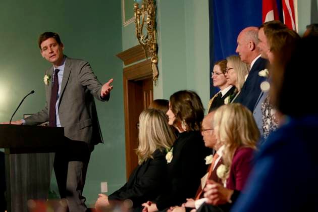 November 18, 2024, Victoria, Bc, CAN: Premier David Eby gestures towards his cabinet during the swearing-in ceremony at Government House in Victoria, B.C., on Monday, November 18, 2024. Victoria CAN  - ZUMAc35_ 20241118_zaf_c35_103 Copyright: xChadxHipolitox
