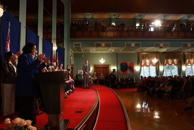 November 18, 2024, Victoria, Bc, CAN: Lt.-Gov. Janet Austin shares a few words as Premier David Eby looks on during the swearing-in ceremony at Government House in Victoria, B.C., on Monday, November 18, 2024. Victoria CAN  - ZUMAc35_ 20241118_zaf_c35_105 Copyright: xChadxHipolitox