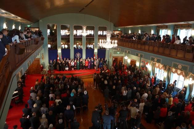 November 18, 2024, Victoria, Bc, CAN: Premier David Eby and his cabinet members join Lt.-Gov. Janet Austin on stage during the swearing-in ceremony at Government House in Victoria, B.C., on Monday, November 18, 2024. Victoria CAN  - ZUMAc35_ 20241118_zaf_c35_106 Copyright: xChadxHipolitox