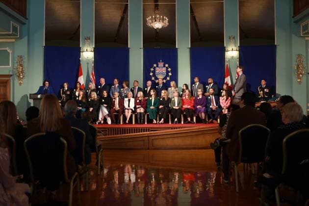 November 18, 2024, Victoria, Bc, CAN: Premier David Eby and his cabinet members look on as Lt.-Gov. Janet Austin shares a few words during the swearing-in ceremony at Government House in Victoria, B.C., on Monday, November 18, 2024. Victoria CAN  - ZUMAc35_ 20241118_zaf_c35_107 Copyright: xChadxHipolitox