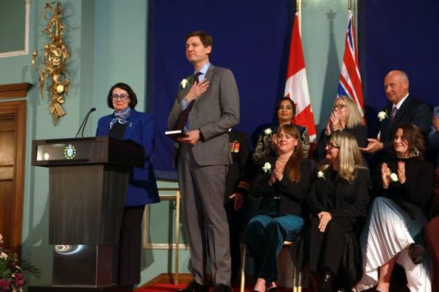 November 18, 2024, Victoria, Bc, CAN: Lt.-Gov. Janet Austin looks on as Premier David Eby takes the oath of office as members from his cabinet join him on stage during the swearing-in ceremony at Government House in Victoria, B.C., on Monday, November 18, 2024. Victoria CAN  - ZUMAc35_ 20241118_zaf_c35_108 Copyright: xChadxHipolitox