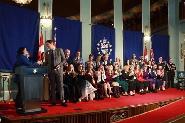 November 18, 2024, Victoria, Bc, CAN: Lt.-Gov. Janet Austin shakes hands with Premier David Eby after taking the oath of office as members from his cabinet look on during the swearing-in ceremony at Government House in Victoria, B.C., on Monday, November 18, 2024. Victoria CAN  - ZUMAc35_ 20241118_zaf_c35_110 Copyright: xChadxHipolitox