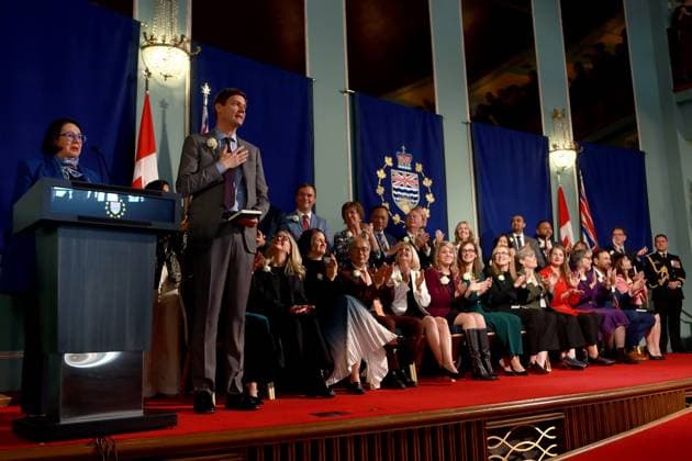 November 18, 2024, Victoria, Bc, CAN: Lt.-Gov. Janet Austin looks on as Premier David Eby takes the oath of office as members from his cabinet join him on stage during the swearing-in ceremony at Government House in Victoria, B.C., on Monday, November 18, 2024. Victoria CAN  - ZUMAc35_ 20241118_zaf_c35_115 Copyright: xChadxHipolitox