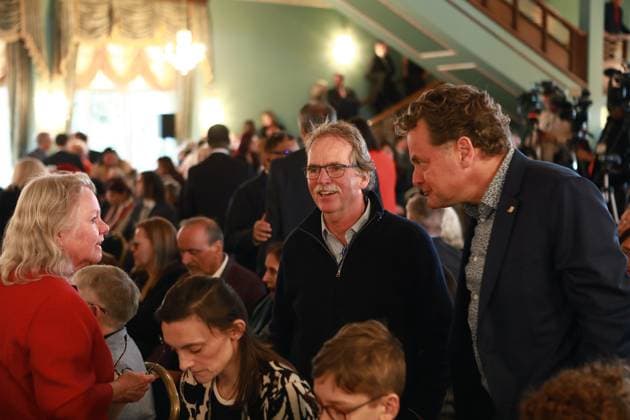 November 18, 2024, Victoria, Bc, CAN: Green Party MLAs Rob Botterell, left, and Jeremy Valeriote speaks with guests before the start of the B.C. NDP swearing-in ceremony at Government House in Victoria, Monday, Nov. 18, 2024. Victoria CAN  - ZUMAc35_ 20241118_zaf_c35_124 Copyright: xChadxHipolitox