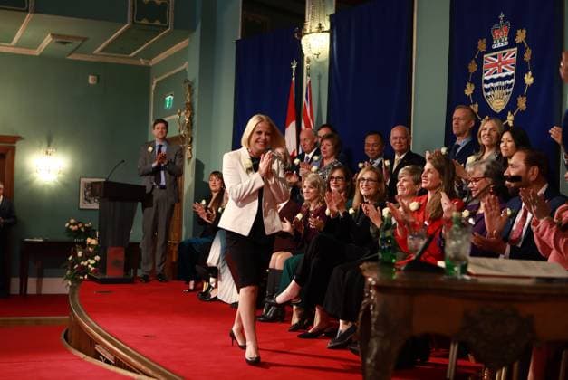 November 18, 2024, Victoria, Bc, CAN: Premier David Eby looks on as Minister for Education and Child Care Lisa Beare during the swearing-in ceremony at Government House in Victoria, Monday, Nov. 18, 2024. Victoria CAN  - ZUMAc35_ 20241118_zaf_c35_129 Copyright: xChadxHipolitox