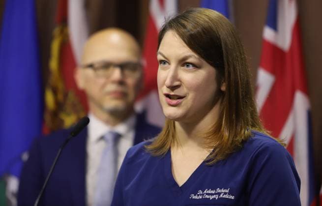 November 19, 2024, Ottawa, On, Canada: Chair of Canadian Doctors for Medicare Dr. Melanie Bechard speaks at a press conference on Parliament Hill as national director of policy and advocacy for the Canadian Health Coalition Steven Staples looks on in Ottawa on Tuesday, Nov. 19, 2024. Ottawa Canada  - ZUMAc35_ 20241119_zaf_c35_029 Copyright: xPatrickxDoylex