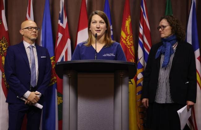 November 19, 2024, Ottawa, On, Canada: Chair of Canadian Doctors for Medicare Dr. Melanie Bechard speaks at a press conference on Parliament Hill as national director of policy and advocacy for the Canadian Health Coalition Steven Staples and Media director of the Canadian Health Coalition Anne Lagace Dowson look on in Ottawa on Tuesday, Nov. 19, 2024. Ottawa Canada  - ZUMAc35_ 20241119_zaf_c35_028 Copyright: xPatrickxDoylex