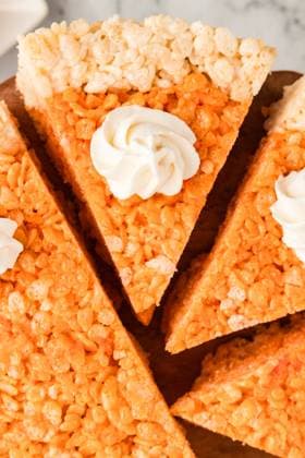 Seasonal Rice Krispie treat mimicking pumpkin pie with whipped cream Lindon, Utah, United States R_SOVU241111-1577335-01
