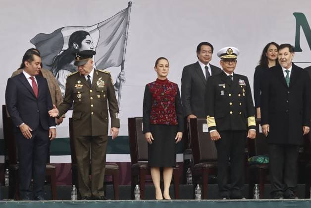 (L-R) Minister of Defense of Mexico Ricardo Trevilla Trejo, MexicoÃ¢â‚¬â ¢s President Claudia Sheinbaum Pardo, Minister of the Mexican Navy Raymundo Pedro Morales oÂngeles during a ceremony for the commemoration of the 114th anniversary of the Mexican Revolution at main square Zocalo. on November 20, 2024 in Mexico City, Mexico. Mexico City Mexico - ZUMAe321 20241120_zia_e321_075 Copyright: xCarlosxSantiagox