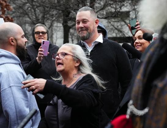 November 22, 2024, Ottawa, On, CAN: Freedom Convoy organizer Pat King is surrounded by supporters as he leaves court in Ottawa on Friday, Nov. 22, 2024. King, one of the most prominent figures of the 2022 convoy in Ottawa, has been found guilty on five counts including mischief and disobeying a court order. Ottawa CAN  - ZUMAc35_ 20241122_zaf_c35_037 Copyright: xSeanxKilpatrickx