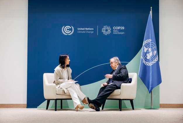 Bilder des Jahres 2024, News 11 November News Themen der Woche KW47 Annalena Baerbock (Buendnis 90 Die Gruenen), Bundesaussenministerin, trifft Antonio Guterres, Generalsekretaer der Vereinten Nationen zu einem Gespraech im Rahmen der COP29 in Baku, 22.11.2024. Fotografiert im Auftrag des Auswaertigen Amtes (AA) Baku Aserbaidschan *** Annalena Baerbock Buendnis 90 Die Gruenen , Federal Foreign Minister, meets Antonio Guterres, Secretary-General of the United Nations for a discussion at COP29 in Baku, 22 11 2024 Photographed on behalf of the Federal Foreign Office AA Baku Azerbaijan Copyright: xFelixxZahn AAx