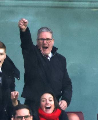 Prime Minister Sir Keir Starmer celebrates as Bukayo Saka (A) scores the first goal for his beloved Arsenal team (1-0), at the Arsenal v Nottingham Forest EPL match, at the Emirates Stadium, London, UK on 23rd November, 2024. 