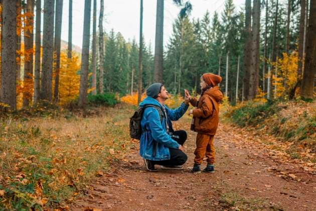 Son giving high-five to father in autumn forest model released, Symbolfoto, VSNF02679
