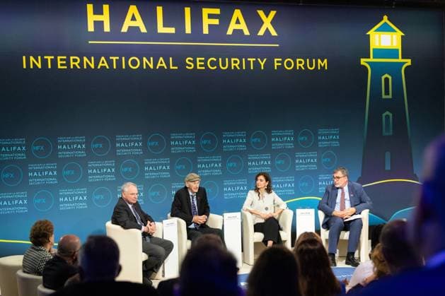November 23, 2024, Halifax, Ns, CANADA: Senator Tim Kaine, left to right, Manfred Lindenbaum, Roya Hakakian and moderator Mark J. Hetfield attend plenary session at a security forum underway in Halifax, N.S. on Saturday Nov. 23, 2024. Halifax CANADA  - ZUMAc35_ 20241123_zaf_c35_018 Copyright: xKellyxClarkx