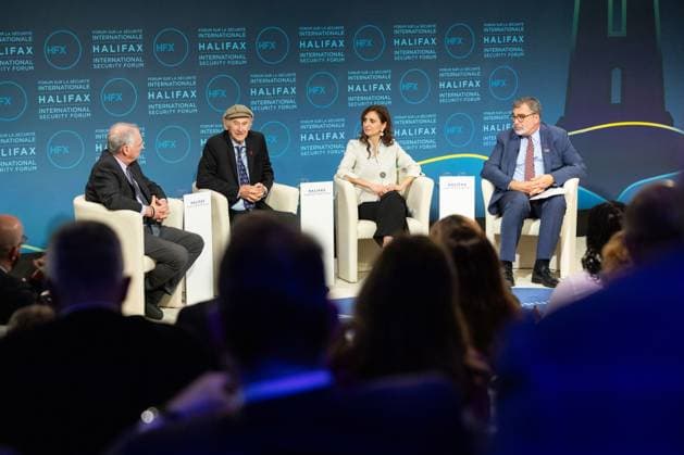 November 23, 2024, Halifax, Ns, CANADA: Senator Tim Kaine, left to right, Manfred Lindenbaum, Roya Hakakian and moderator Mark J. Hetfield attend plenary session at a security forum underway in Halifax, N.S. on Saturday Nov. 23, 2024. Halifax CANADA  - ZUMAc35_ 20241123_zaf_c35_020 Copyright: xKellyxClarkx